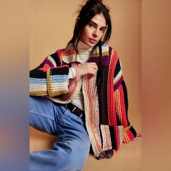 Free Peoplle Everything Cardi Sweater Heavy Weight Striped Zipper Pockets - Picture 1 of 8
